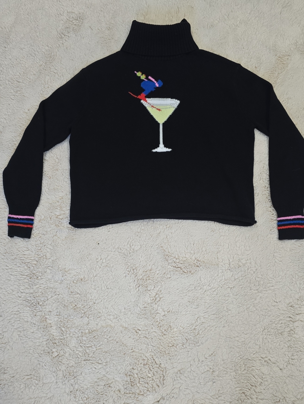 Rachel Antonoff Black Cropped Turtleneck Sweater with Cocktail Motif
